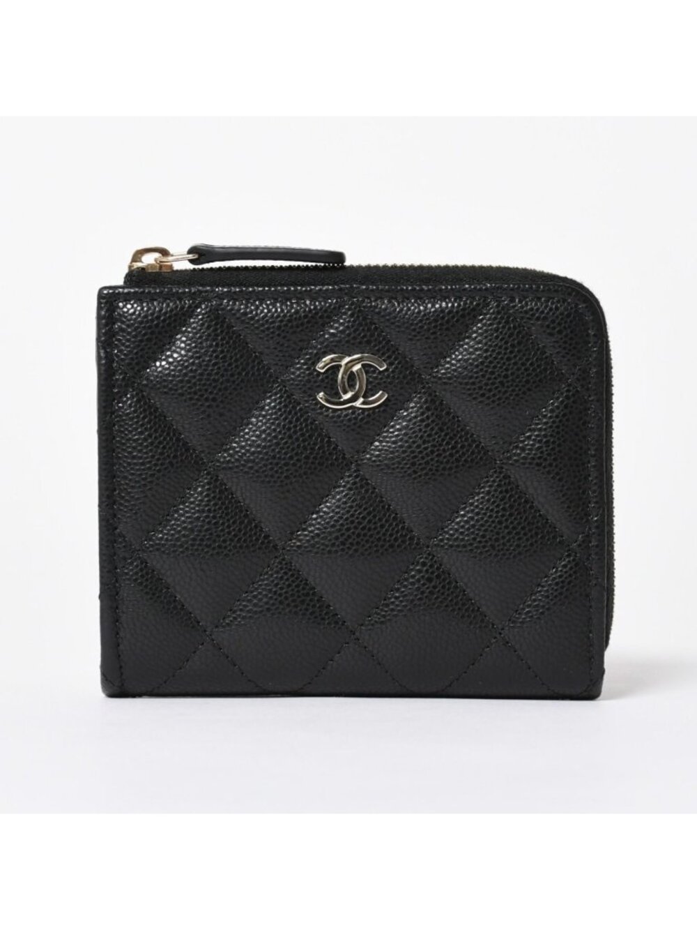 Chanel Quilted Compact Wallet Coin Purse Caviar Leather Black Gold